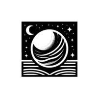 Celestial Orb A stylized, black and white illustration of a layered sphere with crescent, stars, and lines in a square composition. vector