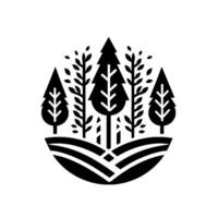 Stylized Black and White Nature Emblem Trees, foliage, and landscape within an oval shape, clean lines. vector
