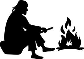 Campfire Scene with Silhouette of Man Sitting and Carving Knife Next to Flames vector