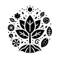 Monochromatic botanical illustration featuring stylized tree, leaves, sun, and floral elements in circular arrangement. vector