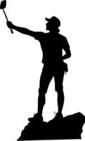 Powerful Silhouette of a Rock Climber Holding a Pickaxe on a Mountain Summit vector