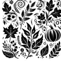 Black White Autumnal Pattern Leaves, Berries, Swirls Pumpkin A Decorative Botanical vector