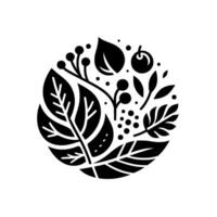 Circular minimalist black and white floral illustration of leaves, berries, and stylized botanical elements on white background, creating a harmonious . vector