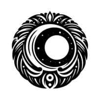 Intricate Black and White Circular Celestial Orb with Feathered Accents, Stellar Core, and Ornate Frame. vector