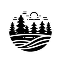 Minimalist Black and White Forest Circle Evergreen Trees, Wavy Landscape, and a Simple Sunset or Moon Silhouette. vector