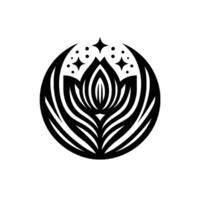 Black and white minimalist lotus flower emblem within a circle, accented by stars and dots for a clean, modern aesthetic. vector