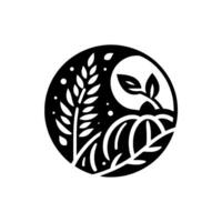 Monochrome Harvest Emblem Wheat, squash, and leafy vines enclosed in a circular, minimalist, black and white . vector