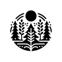 Circular black and white minimalist of a forest scene with stylized fir trees, leafy plants, a sun, and decorative elements. vector