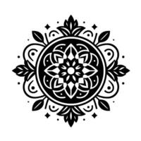 Ornate Black and White Circular Mandala with Floral Elements, Geometric Patterns, and Decorative Embellishments on White Background. vector