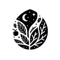 Monochrome illustration of a plant with stylized leaves, apple, and starry night sky within an eggshaped frame. vector