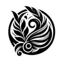 Intricate Black and White Circular Emblem Floral and Leafy Elements, Swirls, and Ornate on a White Background. vector
