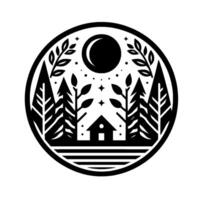 Minimalist black and white circular illustration of a cabin in a forest, under a crescent moon and stars, conveying tranquility. vector