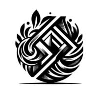 Black and White Abstract Ornamental A Circular Composition Featuring Geometric Shapes, Swirls, and LeafLike Elements in a Minimalist Style. vector