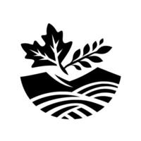 Stylized Black and White Featuring Two Leaves Over Rolling Hills and Mountains, Evoking Nature and Simplicity. vector