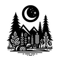 Silhouette of a tranquil night landscape featuring mountains, forest, various plants, a crescent moon with stars, and minimalistic artwork. vector