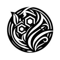 Circular Black and White Geometric Featuring Hexagons, Leaves, and Flowing Lines, Abstract and Ornamental. vector