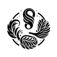 Abstract Black and White Botanical Emblem A stylized figure flanked by feather and leaflike organic shapes within a circular frame. vector