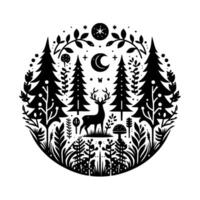 Stylized Black and White Illustration of a Forest Scene within a Circle with a Deer, Trees, Moon, and Botanical Elements. vector