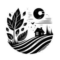 Monochrome illustration of a rural landscape enclosed within a circle. A stylized farmhouse sits amidst fields and foliage, with a celestial element. vector