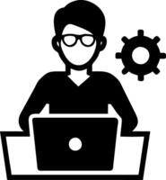 Focused Programmer Working on Laptop with Gear for Technology and Business Themes vector