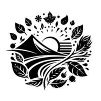 A monochromatic landscape illustration featuring a mountain silhouette, stylized sun, flowing fields, and surrounding leaves, berries, and a snowflake . vector