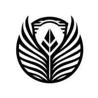 Abstract Black White Winged Crest with Central Geometric Foliage Arc, Set Against a Minimal White Backdrop. vector