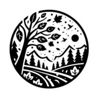 Black and white circular illustration of a stylized autumn landscape, featuring a tree, forest, mountains, moon, and birds. vector