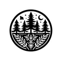 A circular, minimalist black and white nature illustration featuring a forest scene, bear, crescent moon, stars, and botanical elements, all contained within a border. vector
