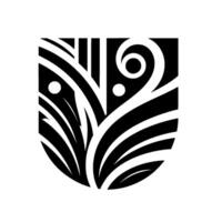 Abstract Black and White Shield with Floral and Geometric Elements, Isolated on White Background vector