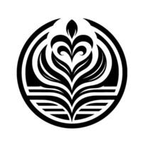 Symmetrical black and white floral emblem within a circle, featuring heartshaped elements with a minimalist and stylized aesthetic. vector