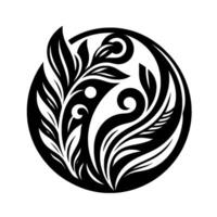 A symmetrical, black and white ornamental featuring stylized leaves and spirals enclosed within a circular frame, evoking a sense of balance and elegance. vector