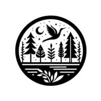 Serene black and white circular nature illustration a bird in flight over a forest under a starry night sky with a crescent moon. vector