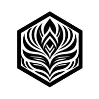 Bold, hexagon featuring a stylized floral or plant motif with intricate leaflike patterns in black and white, isolated. vector