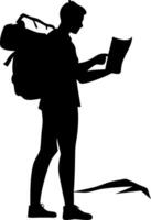 Adventurous Hiker Reading Map with Backpack Ideal for Outdoor Exploration Graphics vector
