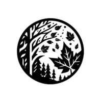 A monochrome, circular artistic depiction of a forest scene, featuring trees, falling leaves, and a minimalist . vector