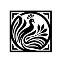 Elegant Black and White Peacock within a Geometric Square and Circle Frame, Artistic and Stylized vector