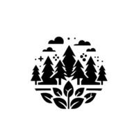 Stylized black and white circular featuring an abstract forest with trees, leaves, clouds, and minimal dot details. vector