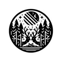 Black and white circular forest scene with two facing deer, trees, night sky elements, moon, stars, minimalist, style. vector