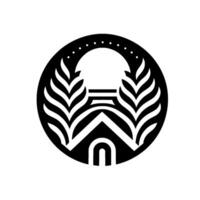 Minimalist Black and White Circular with House, Foliage, and Arch Elements, Geometric and Symbolic Representation. vector