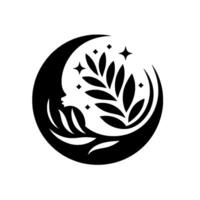 Crescent Moon with a Womans Face, Olive Branch, and Sparkling Stars, a Minimalist Black and White on White Background. vector