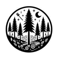 Black and white minimalist circular illustration of a tranquil forest at night, featuring tall pine trees, an arrow, and crescent moon. vector