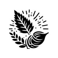 Black and white minimalist illustration of a stylized fig, leaves, and wheat, set within a radiating sunburst pattern, creating a balanced, elegant . vector