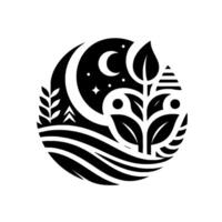 Stylized Black and White Circular Composition Depicting a Night Scene with Crescent Moon, Stars, Flora, and Landscape Elements. vector