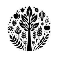 Black and White Botanical Illustration A stylized tree surrounded by leaves, fruit, and floral elements, arranged in a circular composition on a white background. vector