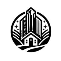Black and white stylized features a house with skyscrapers, a path, stars, and curved lines within a circular frame, representing growth and home. vector