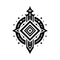 Intricate Black and White Geometric with Central Diamond, Circle, Spikes, and Celestial Dots on White Background. vector