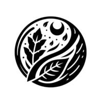 Abstract round black and white illustration with leaves, a crescent moon, and dots, suggesting nature and harmony. vector