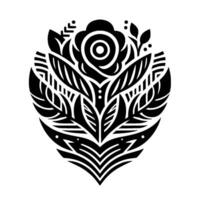Geometric Black and White Floral with Intricate Leaf and Petal Patterns, a Symmetrical HeartShaped Composition. vector
