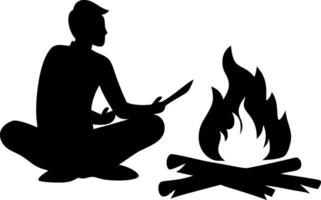 Silhouette of a Person Sitting by a Campfire with Knife Ideal for Outdoor Adventure Themes vector
