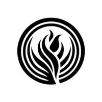 A minimalist black and white featuring a stylized flame or floral emblem contained within a circular frame. vector